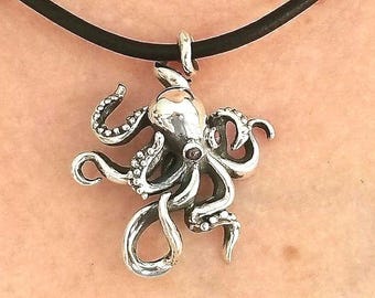 Sterling Silver Octopus Pendant for Ocean Lovers on black leather chord