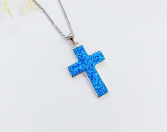 Sterling silver religious pendant, double-sided cross with blue and white opal