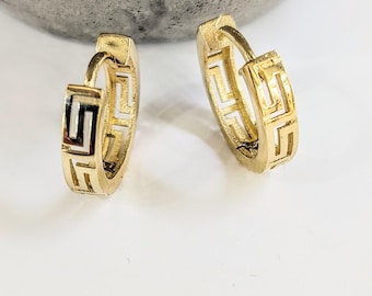 14 carat gold earrings, Greek key hoop design, huggie earrings