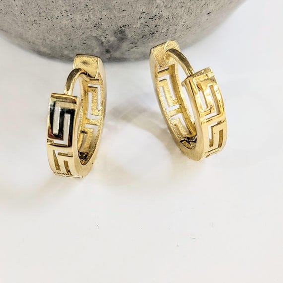 14K gold Greek key hoop earrings, ancient geometric symbol, everyday jewellery gift
