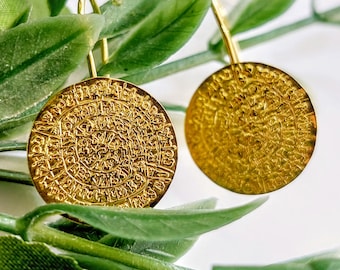 14K Gold Earrings, Disc of Phaistos, Ancient Greek Calendar