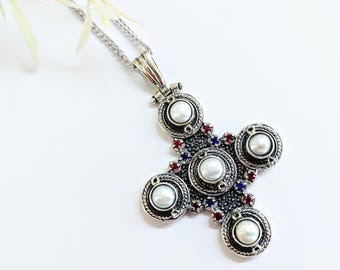 Sterling Silver Vintage style Cross with Gemstones and pearls, Lined Back, Religious Pendant