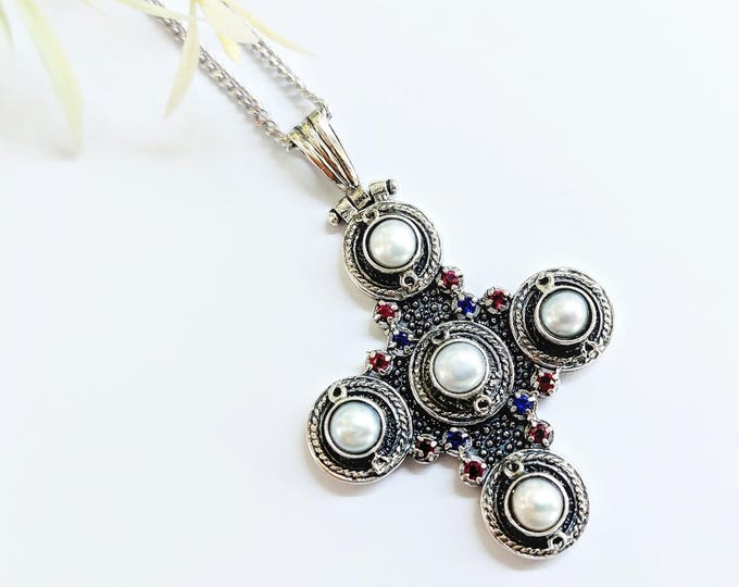Sterling Silver Vintage style Cross with Gemstones and pearls, Lined Back, Religious Pendant