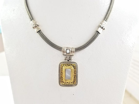 Greek key chain necklace in sterling silver 925, gold-plated bezel with mother of pearl inlay