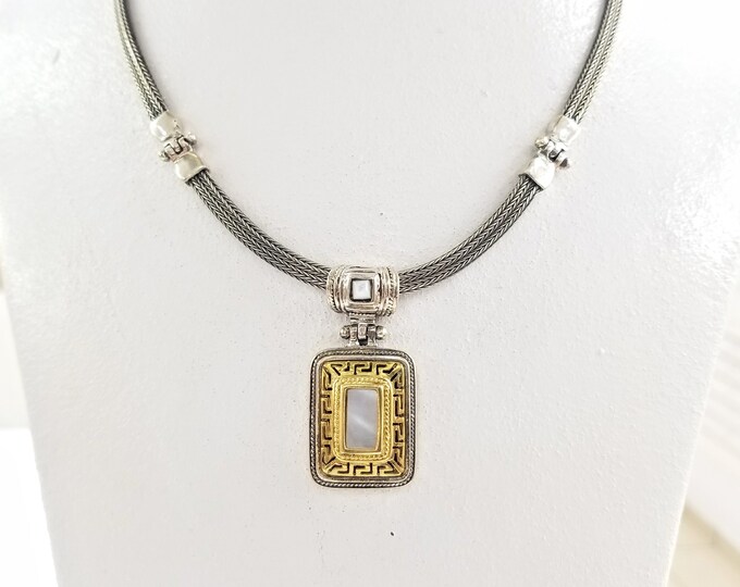 Mother of pearl necklace, Greek key ethnic necklace in sterling silver 925
