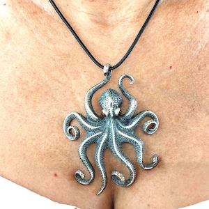 Textured Sterling Silver Octopus Necklace - Marine Life Jewelry
