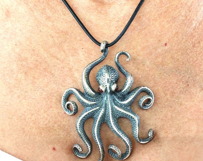 Textured Sterling Silver Octopus Necklace - Marine Life Jewelry