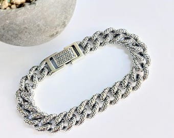 Chain bracelet in solid silver 925, greek key chunky bracelet for him and her