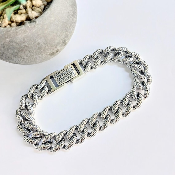 Chain bracelet in solid silver 925, greek key chunky bracelet for him and her