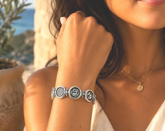 Coin bracelet, sterling silver 925, ancient Greek replicas, stackable jewellery for history enthusiasts or coin collectors
