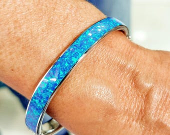 Handmade Sterling Silver Cuff Bracelet: Rainbow Opal Inlay, Secure Clasp