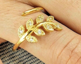 14K Gold olive leaf ring, adjustable floral jewelry