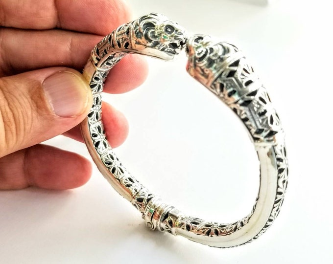 Sterling Silver Lion Head with perforated shank, animal cuff bracelet