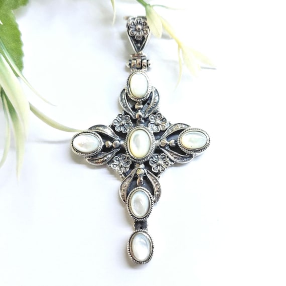 Handmade Sterling Silver Byzantine Cross Pendant, Mother of Pearl Gemstones, Greek Orthodox Jewelry