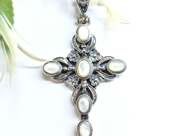 Handmade byzantine cross with mother of pearl stones in sterling silver 925, religious jewelry.