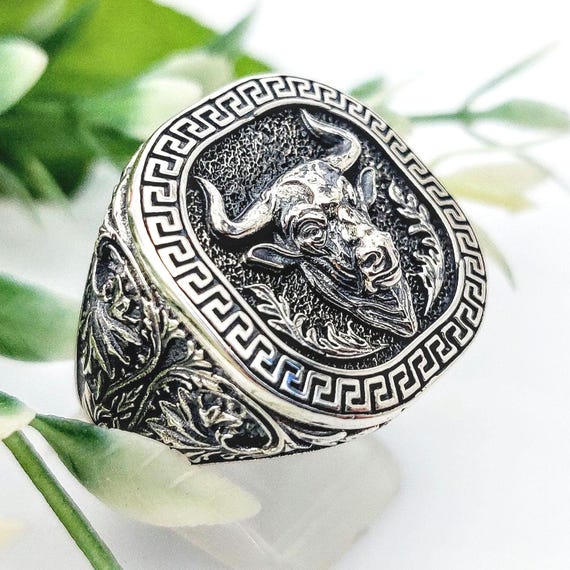 Sterling Silver Minotaur Ring, Greek Mythology Statement Jewelry, Bull Head Minoan Creature