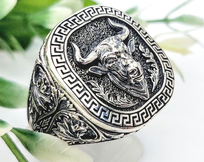 Sterling Silver Minotaur Ring for Men, Handmade Greek Mythology Ring with Minoan Bull Head and Greek key bezel