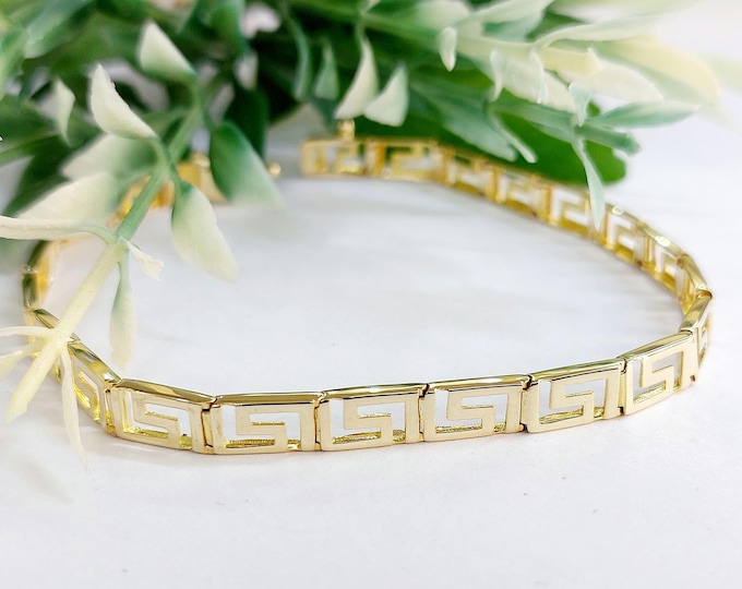 14K Gold Greek Key Bracelet, Handmade Meander Design, Elegant Perforated Links