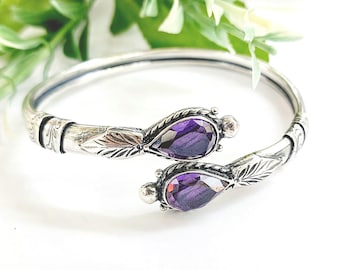 Amethyst bracelet in sterling silver 925, handmade adjustable cuff