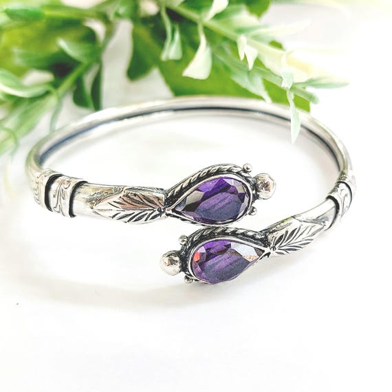 Amethyst bracelet in sterling silver 925, handmade adjustable cuff