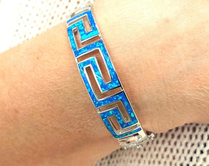 Sterling Silver Greek Key Cuff Bracelet with Blue & Green synthetic Opal, Ancient Meander Design