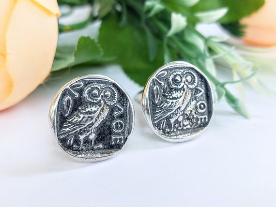 Sterling silver Athena owl coin cufflinks, jewelry gift for men, dress accessory