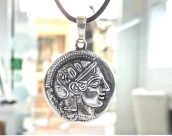 Goddess Athena coin replica pendant with owl in sterling silver 925, historical decadrachm necklace