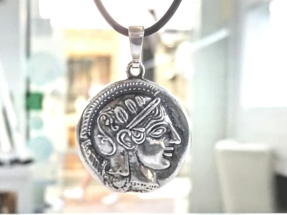 Goddess Athena coin replica pendant with owl in sterling silver 925, historical decadrachm necklace