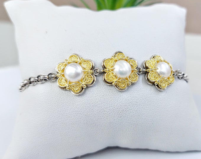 Handmade Sterling Silver Bracelet with Freshwater Pearls & Gold-Plated Byzantine Bezels