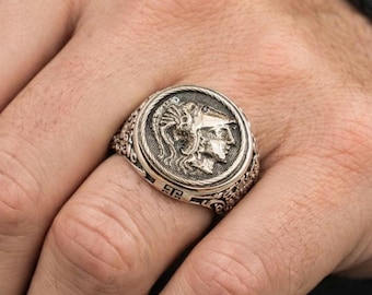Sterling Silver Athena Coin Ring 925 – Greek Goddess of Wisdom Signet Ring, Ancient Mythology Jewelry, Gift for History Lovers