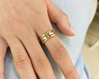 14K Gold Greek Key Ring, gold band with eternity symbol, geometric meander jewelry