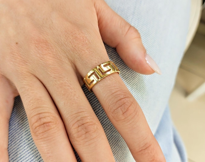 14K Gold Greek Key Ring, gold band with eternity symbol, geometric meander jewelry