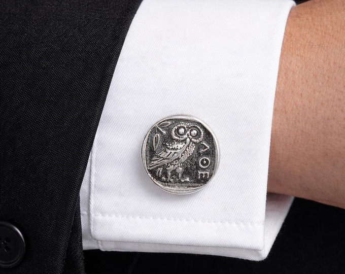 Featured listing image: Sterling Silver Athena Owl Cufflinks, Coin Jewelry