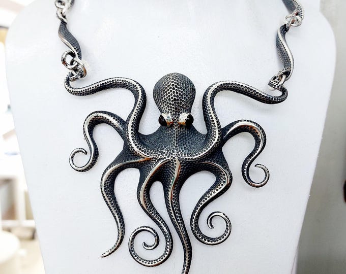 Statement Octopus Necklace in Oxidized Silver with Garnet Eyes, Large Textured Tentacle Necklace, Handmade Sea Creature Jewelry