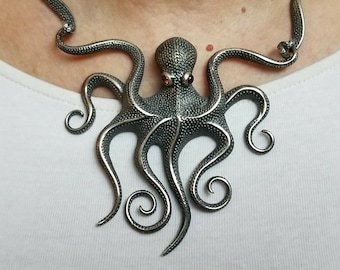 Giant Octopus Necklace in textured sterling silver 925, Garnet Gemstone Eyes, Ocean Jewelry