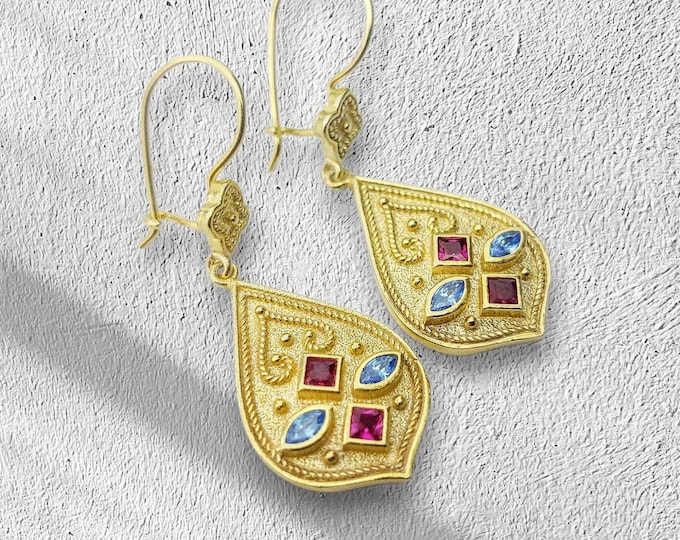Gold-Plated Sterling Silver Byzantine Earrings with Blue and Red Gemstones, Granulated Etruscan Design