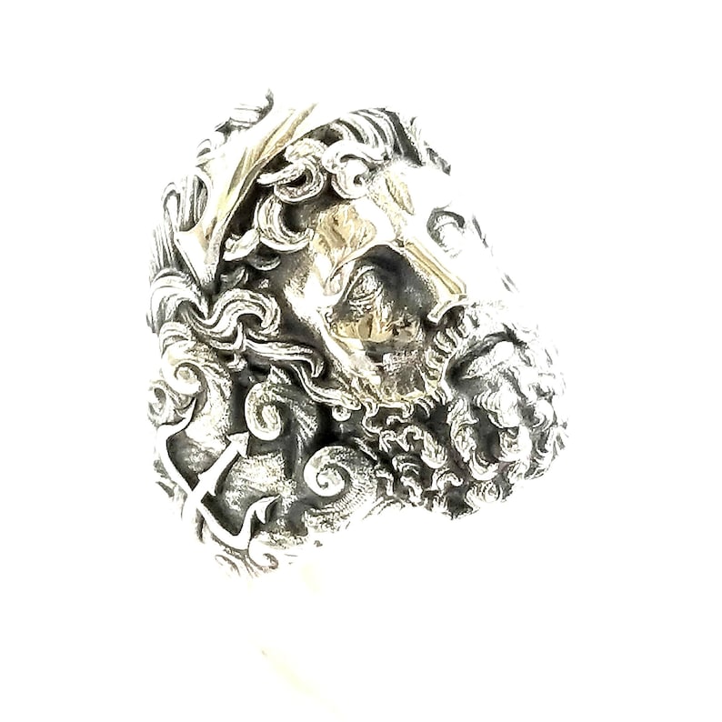 Greek Mythical God Poseidon, depicted on a sterling silver statement ring. Neptune ring for the Romans