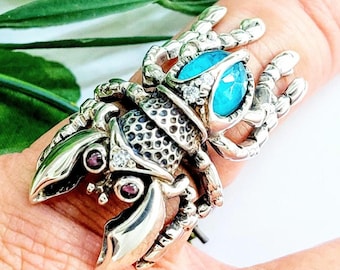 Handmade Sterling Silver Scarab Ring, Amazonite, Garnet Eyes, Egyptian Revival