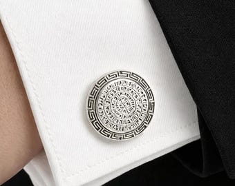 Sterling silver cufflinks with disc of Phaistos calendar and Greek key design