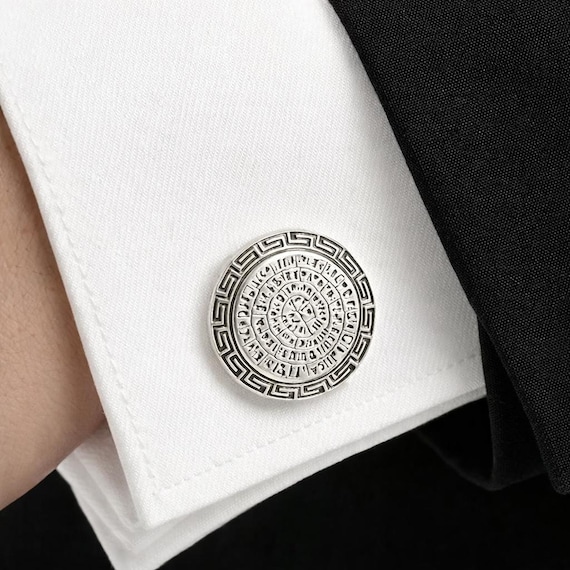 Sterling Silver Phaistos Disc Cufflinks, Ancient Minoan Calendar, Greek Key Jewelry