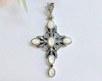 Unique cross with mother of pearl inlays, byzantine cross in sterling silver 925