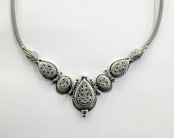 Silver necklace with perforated byzantine themes- boho style choker
