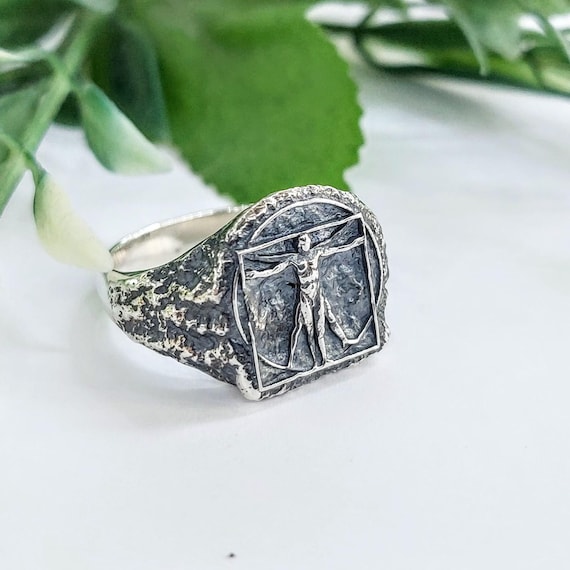 Vitruvius ring, sterling silver 925, symbolic signet ring, Leonardo da Vinci art symbol