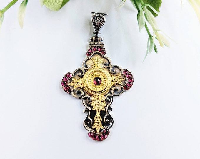 Large byzantine cross in silver 925 with garnet gemstones and a gold plated inlay, handmade religious pendant