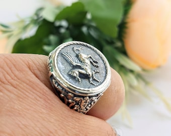 Sterling silver Pegasus ring (925), Greek mythology jewelry, winged horse signet ring for him