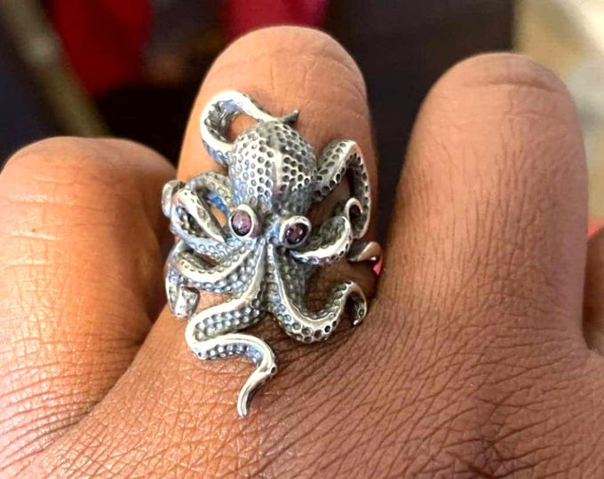 Featured listing image: Octopus ring in textured sterling silver, marine-life statement jewelry