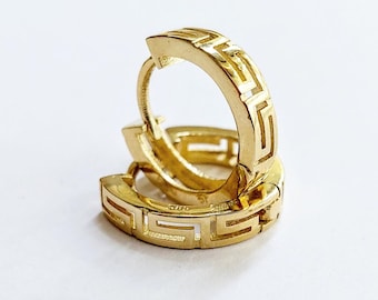 14 carat gold earrings, Greek key hoop design, huggie earrings