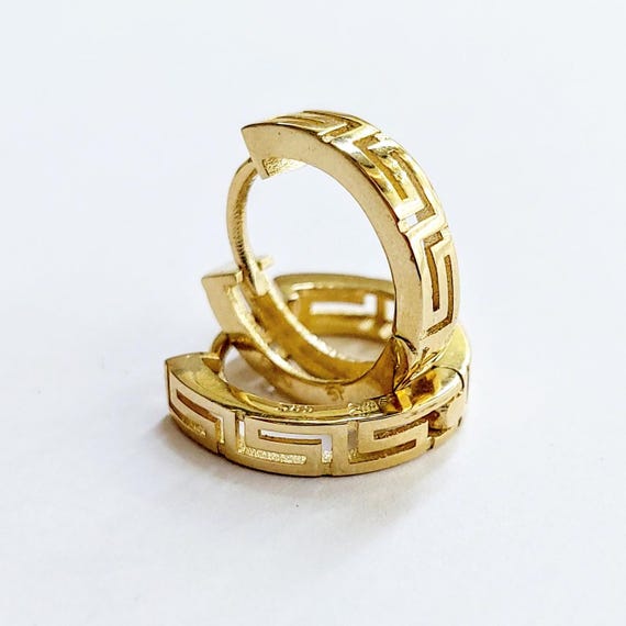 14K gold Greek key hoop earrings, ancient geometric symbol, everyday jewellery gift