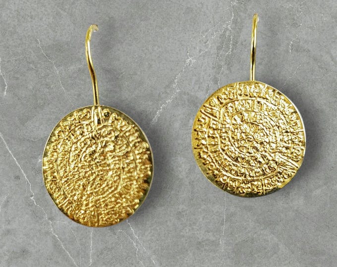 14K Gold Phaistos Disc Earrings, Ancient Greek Jewelry, Handmade Solid Gold Hook Earrings