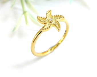 18K Gold Ring, rotating starfish design, diamond byzantine jewelry